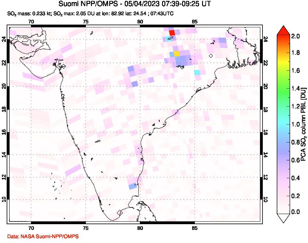 A sulfur dioxide image over India on May 04, 2023.