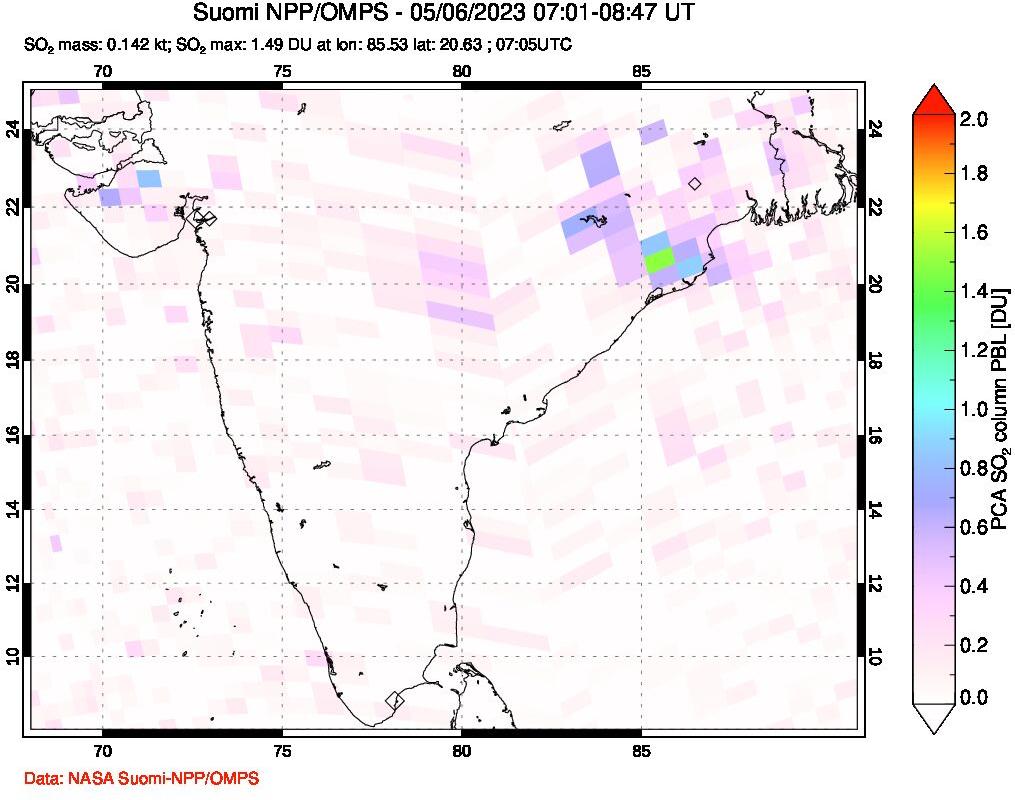 A sulfur dioxide image over India on May 06, 2023.