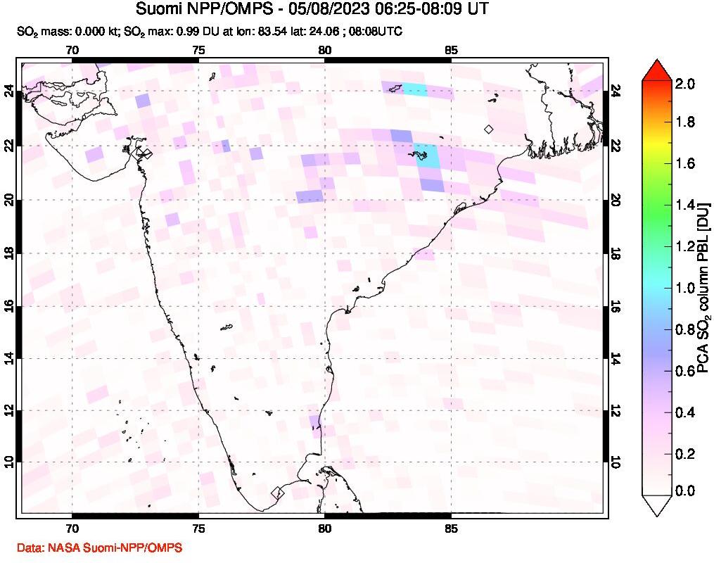 A sulfur dioxide image over India on May 08, 2023.