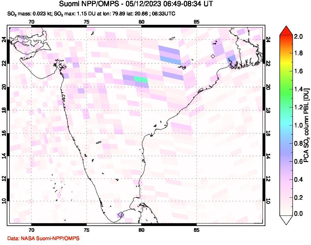 A sulfur dioxide image over India on May 12, 2023.