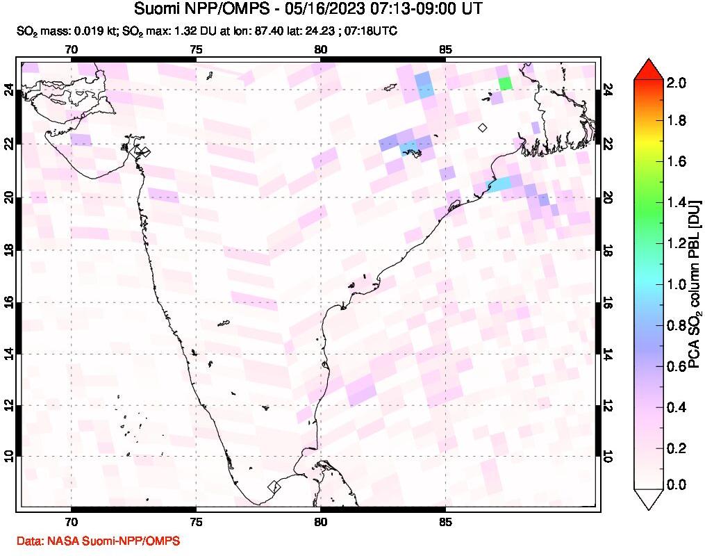 A sulfur dioxide image over India on May 16, 2023.
