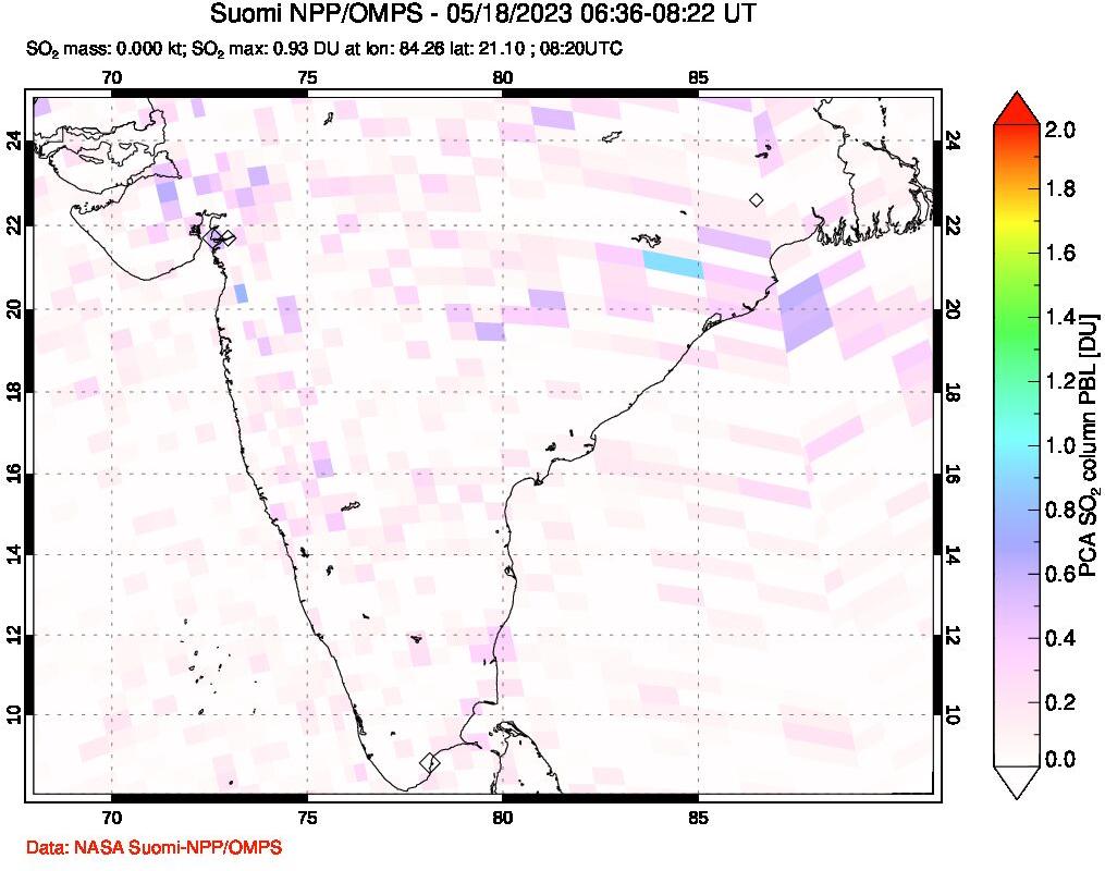 A sulfur dioxide image over India on May 18, 2023.