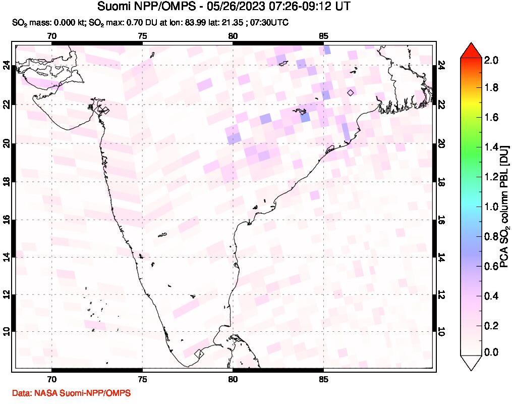 A sulfur dioxide image over India on May 26, 2023.