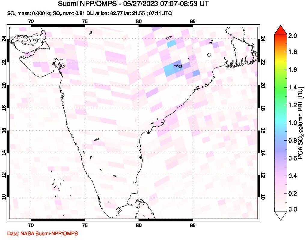A sulfur dioxide image over India on May 27, 2023.