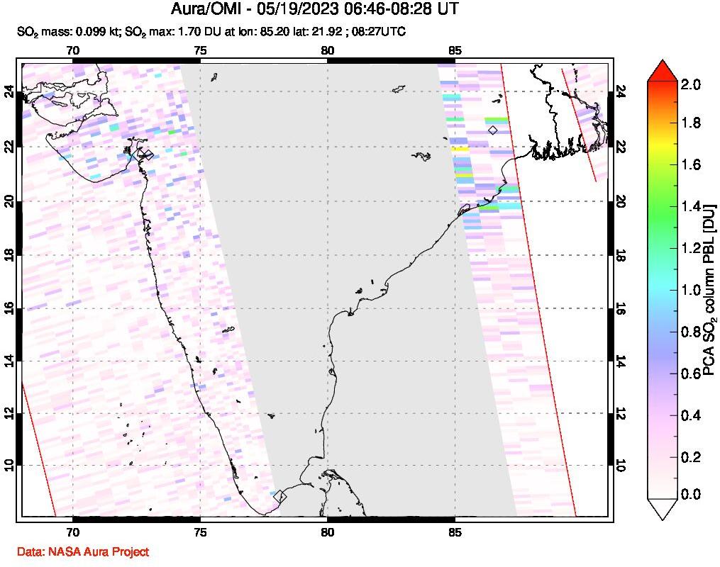 A sulfur dioxide image over India on May 19, 2023.