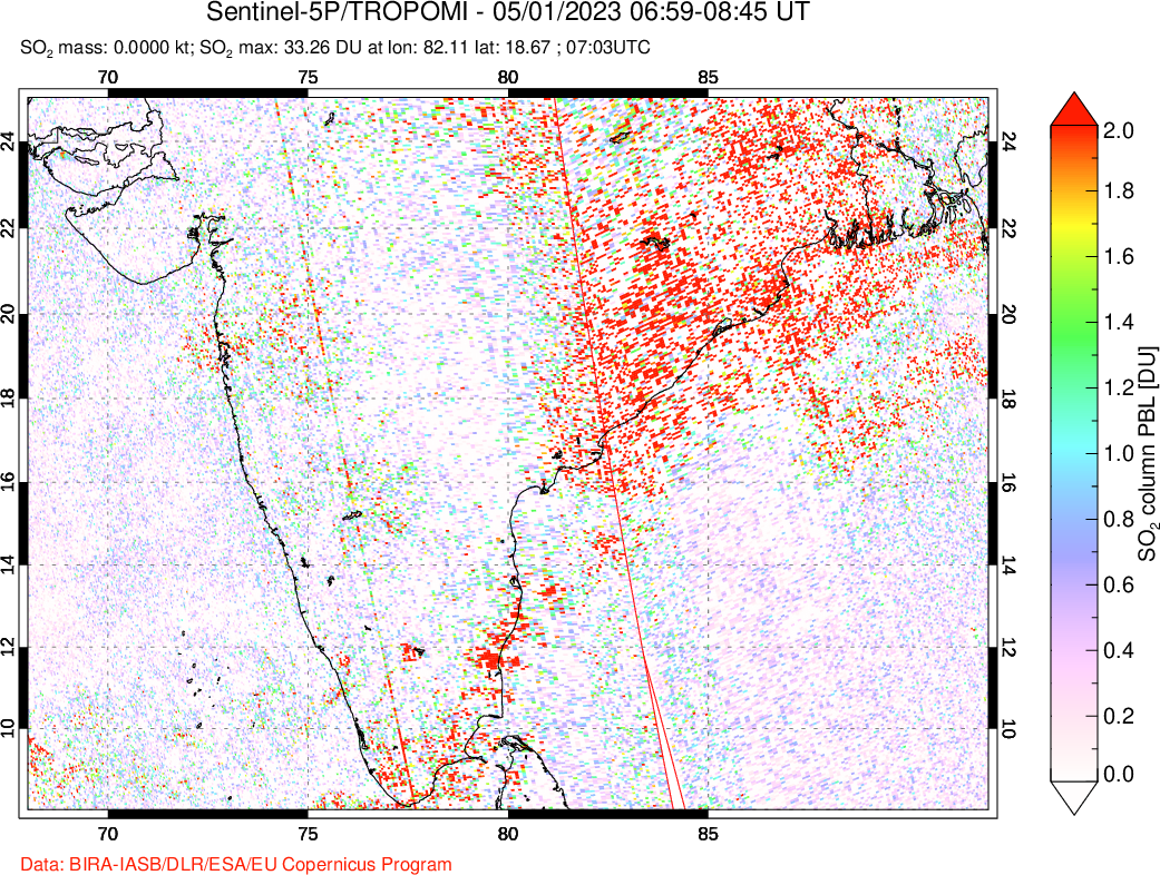 A sulfur dioxide image over India on May 01, 2023.