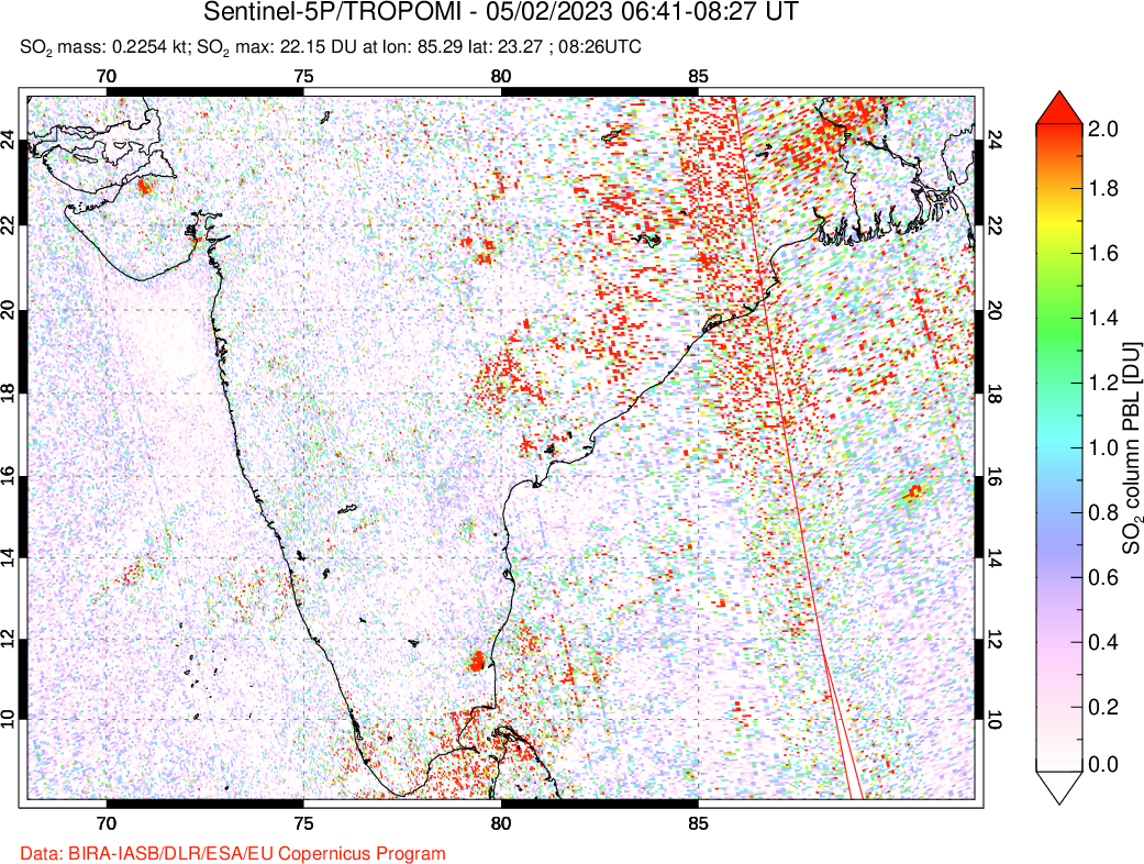 A sulfur dioxide image over India on May 02, 2023.