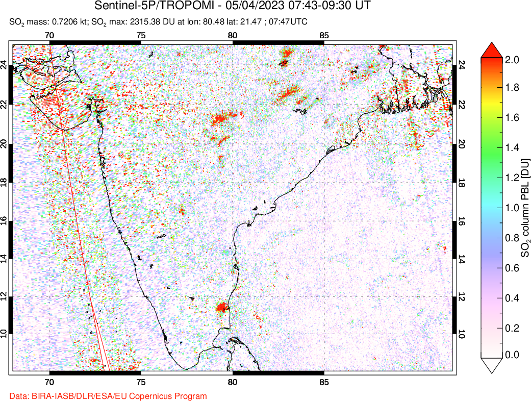 A sulfur dioxide image over India on May 04, 2023.