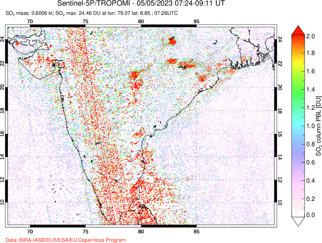 A sulfur dioxide image over India on May 05, 2023.