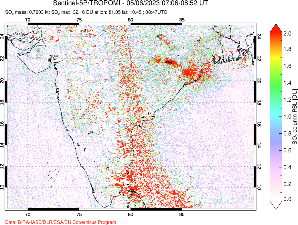 A sulfur dioxide image over India on May 06, 2023.