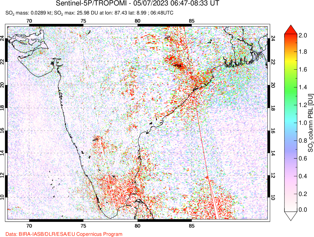A sulfur dioxide image over India on May 07, 2023.