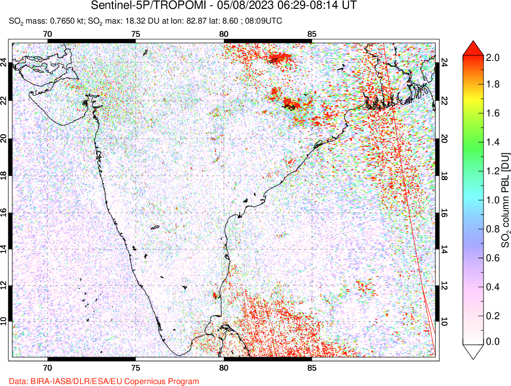 A sulfur dioxide image over India on May 08, 2023.