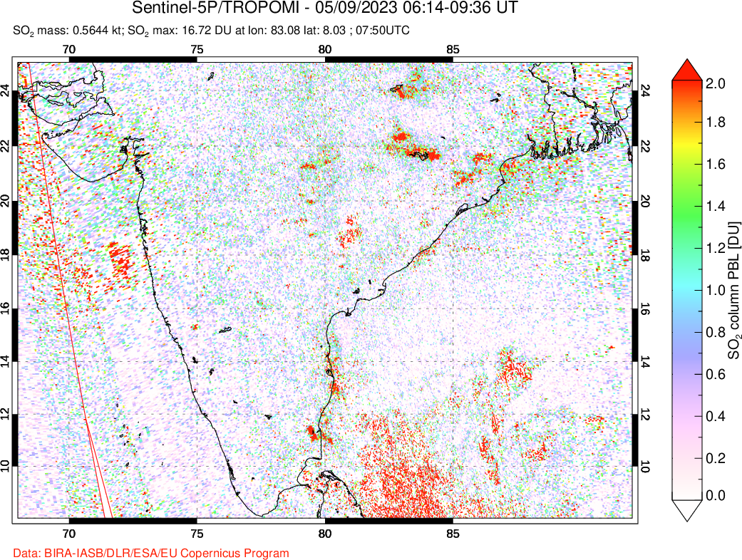A sulfur dioxide image over India on May 09, 2023.