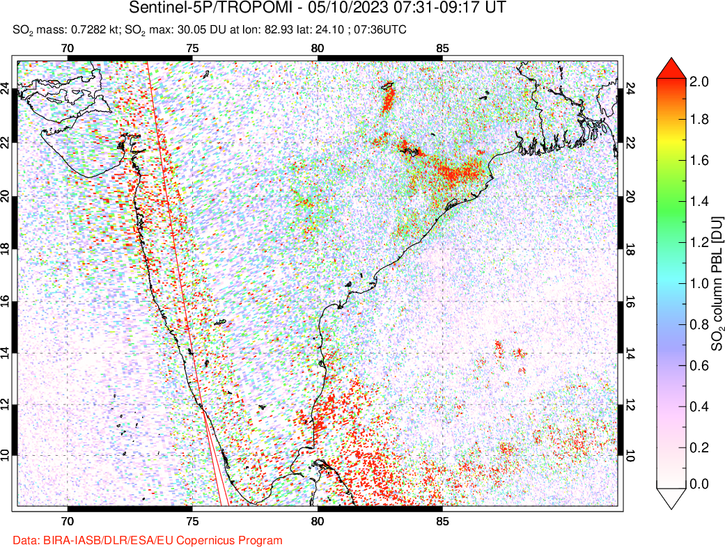 A sulfur dioxide image over India on May 10, 2023.