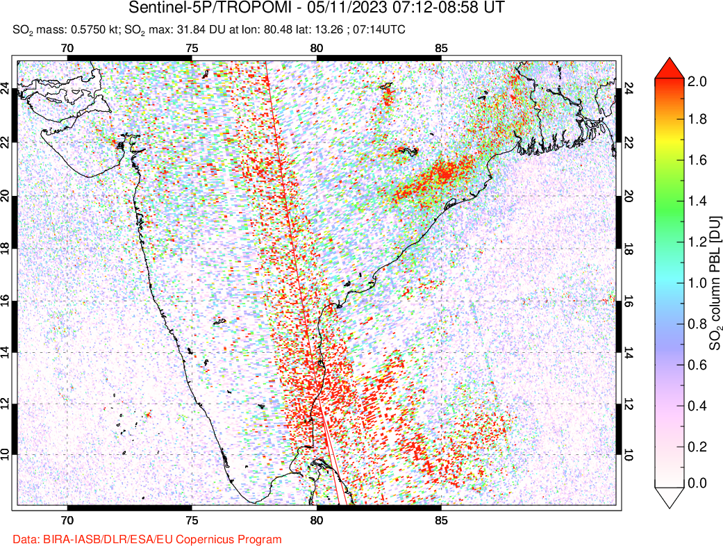 A sulfur dioxide image over India on May 11, 2023.