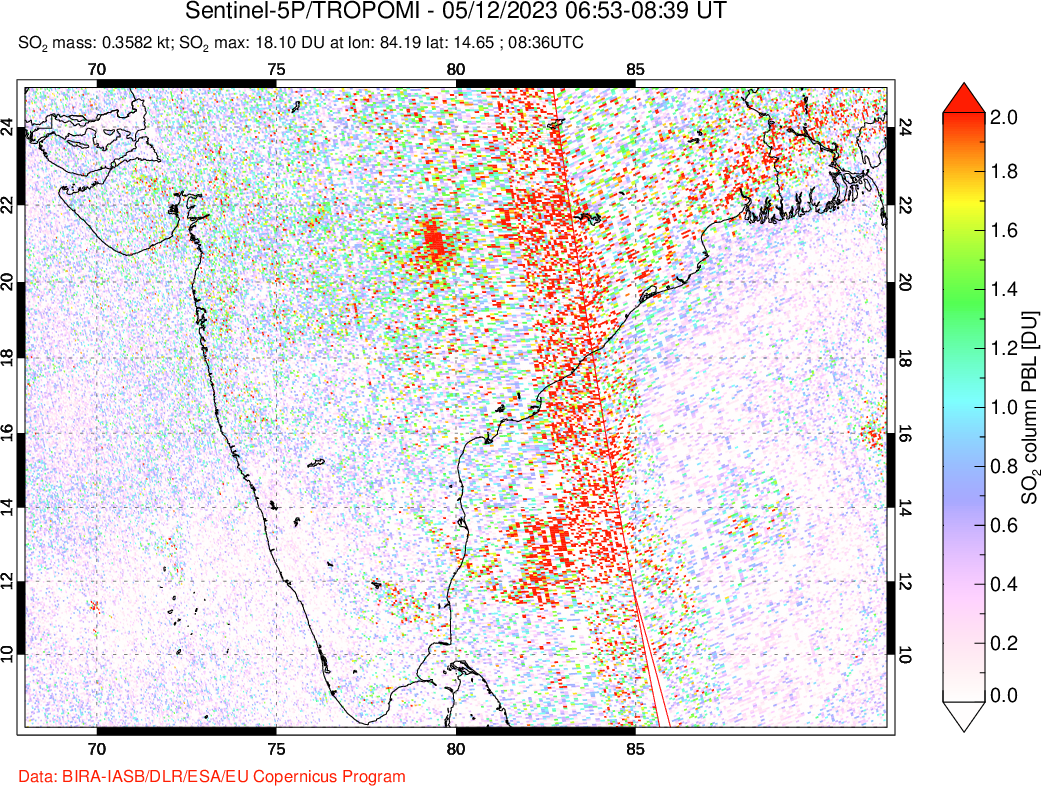 A sulfur dioxide image over India on May 12, 2023.