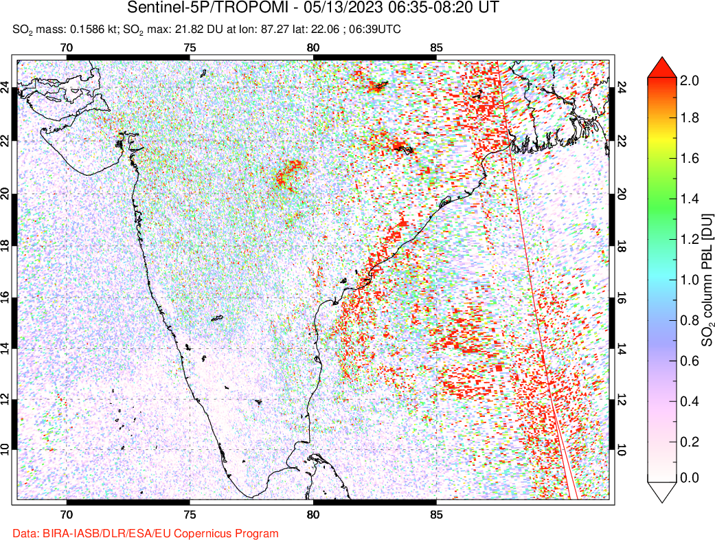A sulfur dioxide image over India on May 13, 2023.