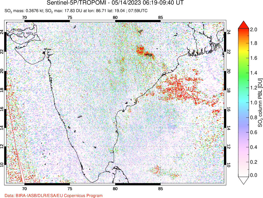 A sulfur dioxide image over India on May 14, 2023.