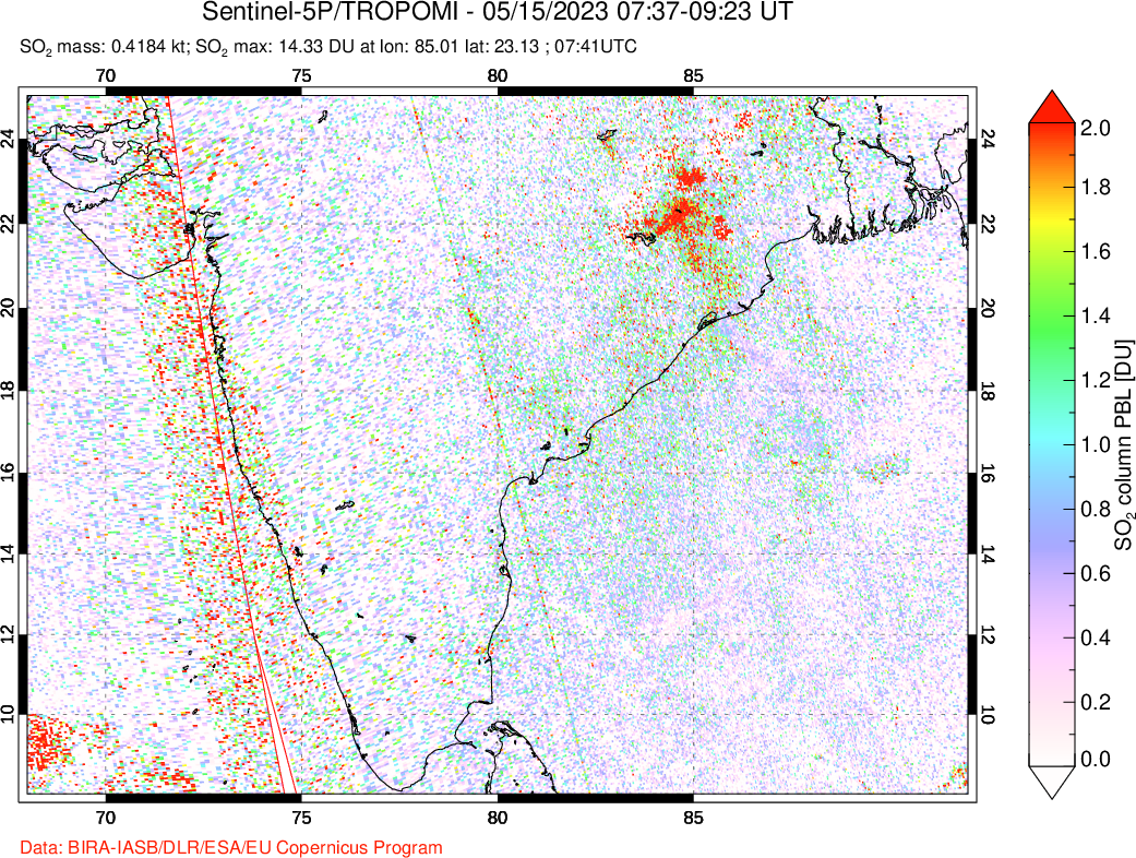 A sulfur dioxide image over India on May 15, 2023.