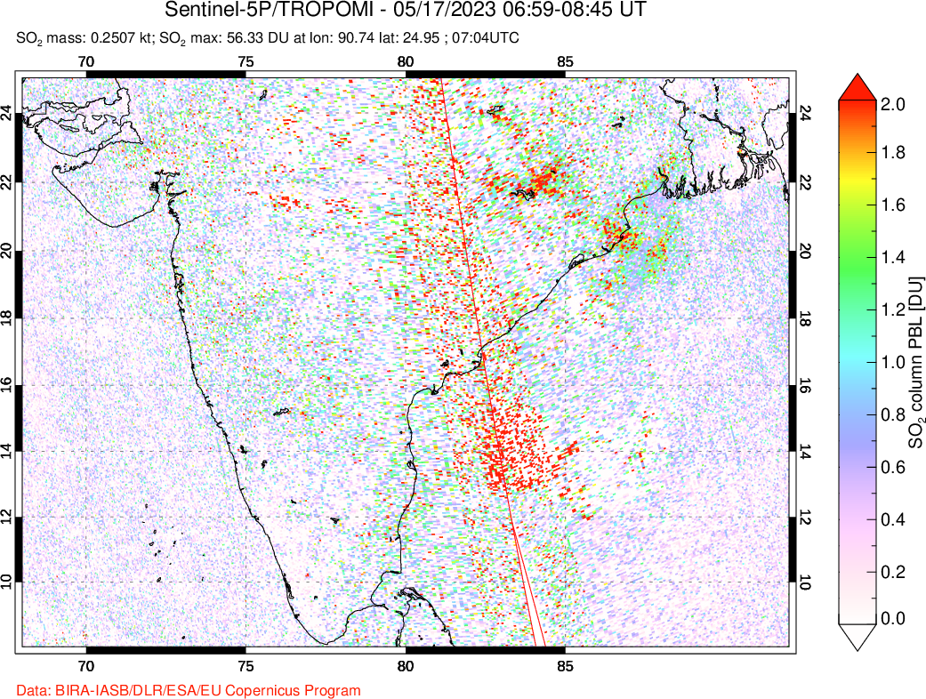 A sulfur dioxide image over India on May 17, 2023.