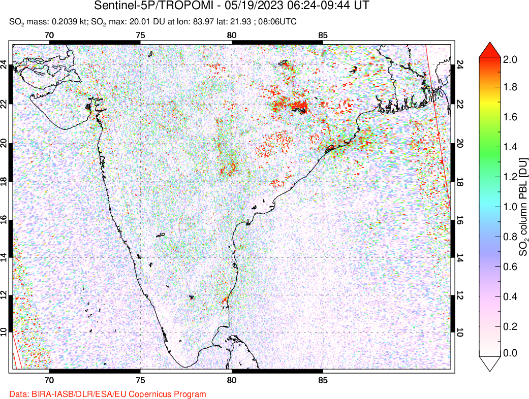 A sulfur dioxide image over India on May 19, 2023.