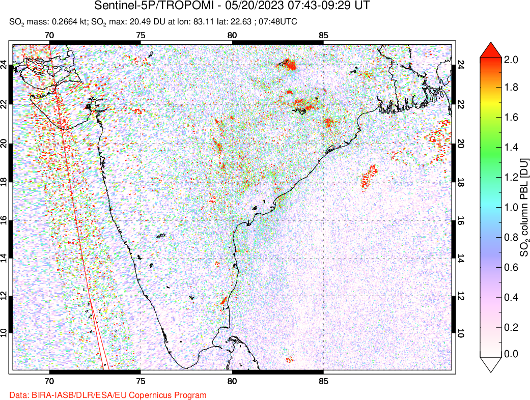 A sulfur dioxide image over India on May 20, 2023.