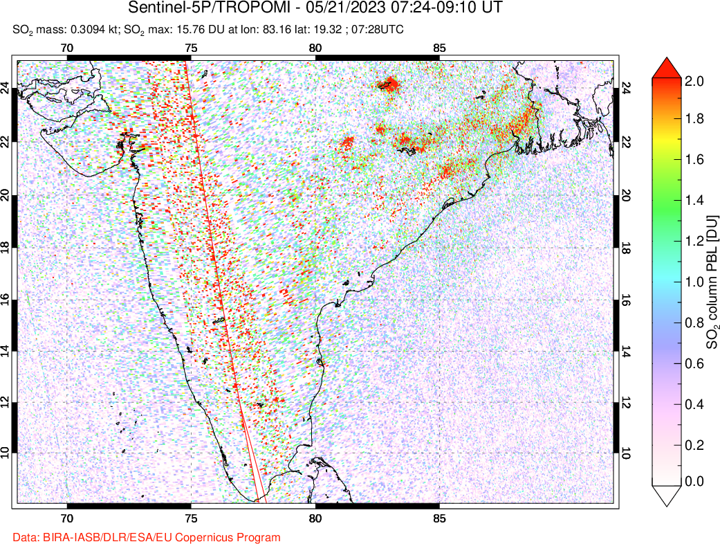 A sulfur dioxide image over India on May 21, 2023.