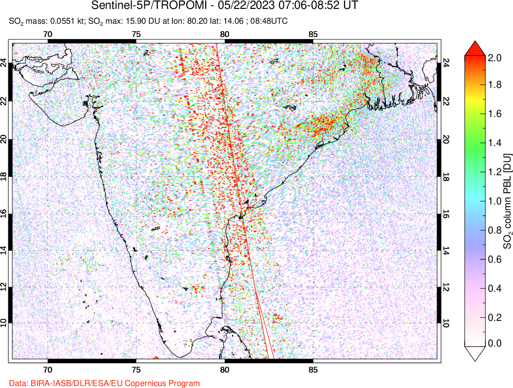 A sulfur dioxide image over India on May 22, 2023.