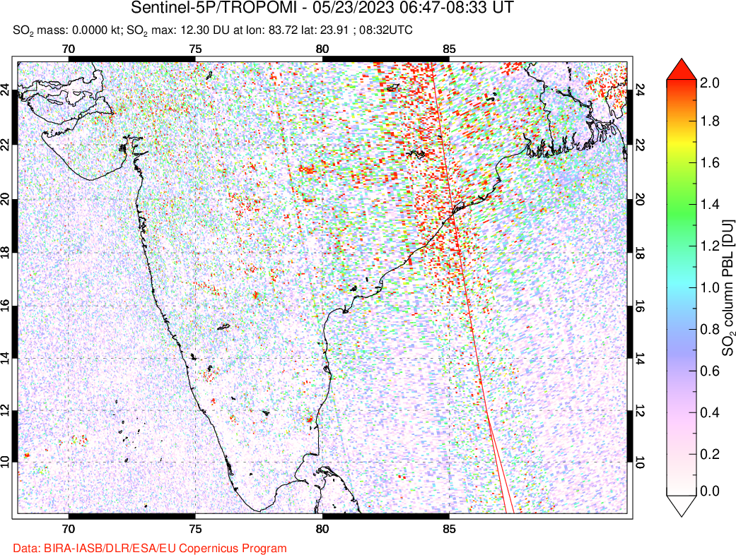 A sulfur dioxide image over India on May 23, 2023.