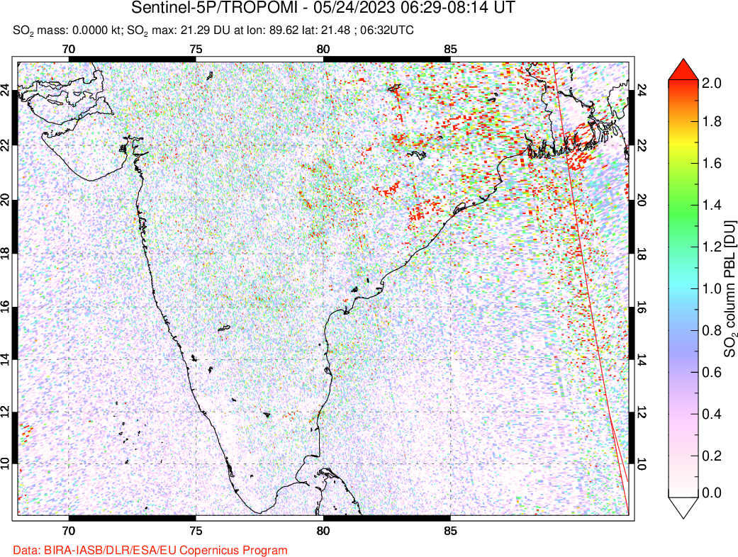 A sulfur dioxide image over India on May 24, 2023.