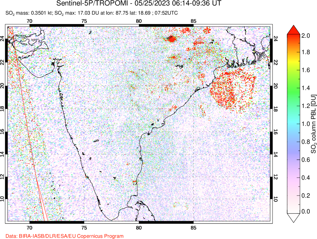 A sulfur dioxide image over India on May 25, 2023.