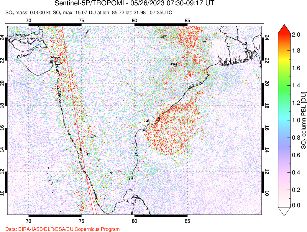 A sulfur dioxide image over India on May 26, 2023.