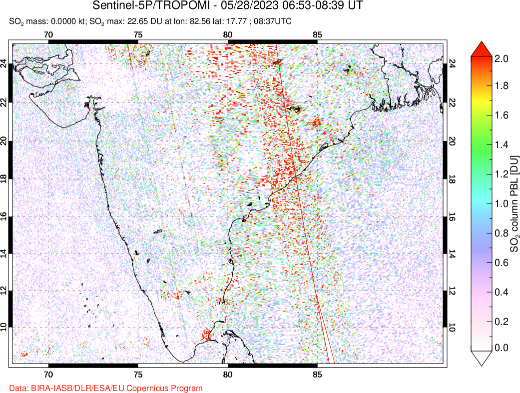 A sulfur dioxide image over India on May 28, 2023.