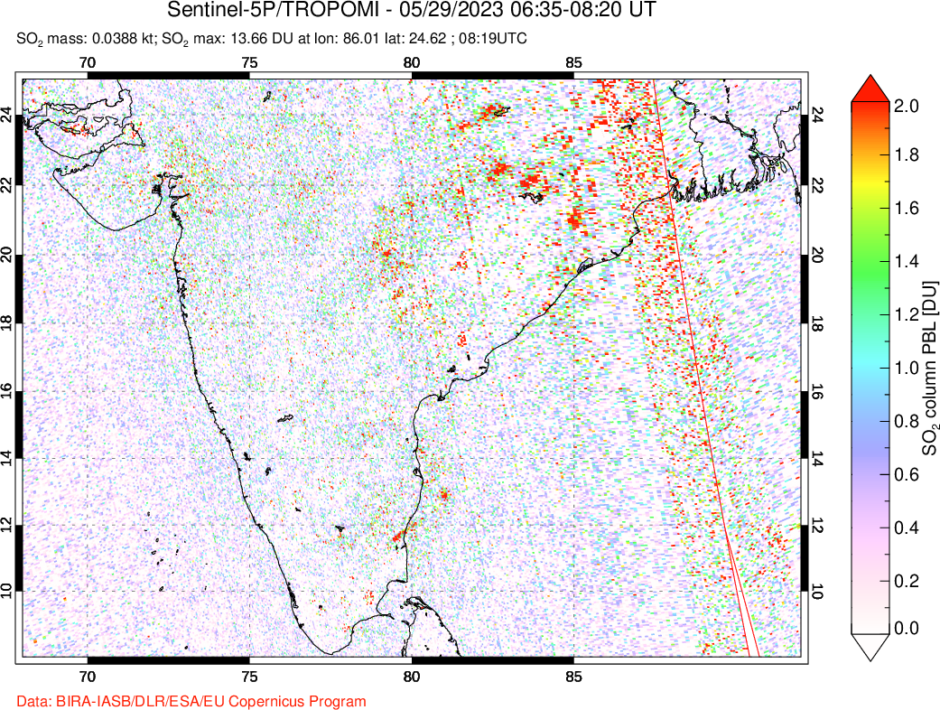A sulfur dioxide image over India on May 29, 2023.