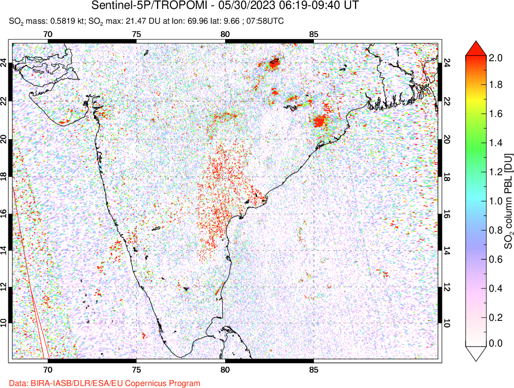 A sulfur dioxide image over India on May 30, 2023.