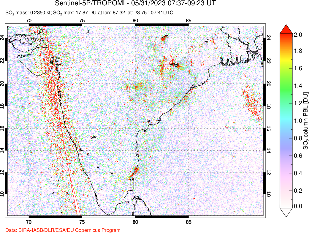 A sulfur dioxide image over India on May 31, 2023.