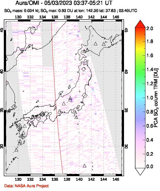 A sulfur dioxide image over Japan on May 03, 2023.