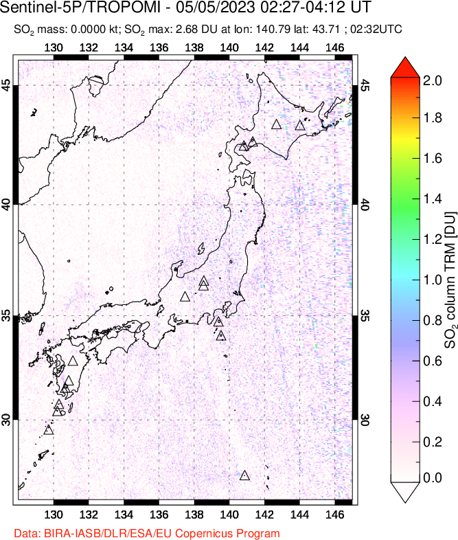 A sulfur dioxide image over Japan on May 05, 2023.