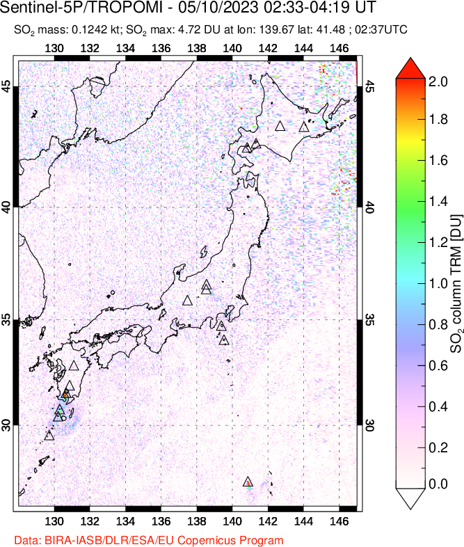 A sulfur dioxide image over Japan on May 10, 2023.