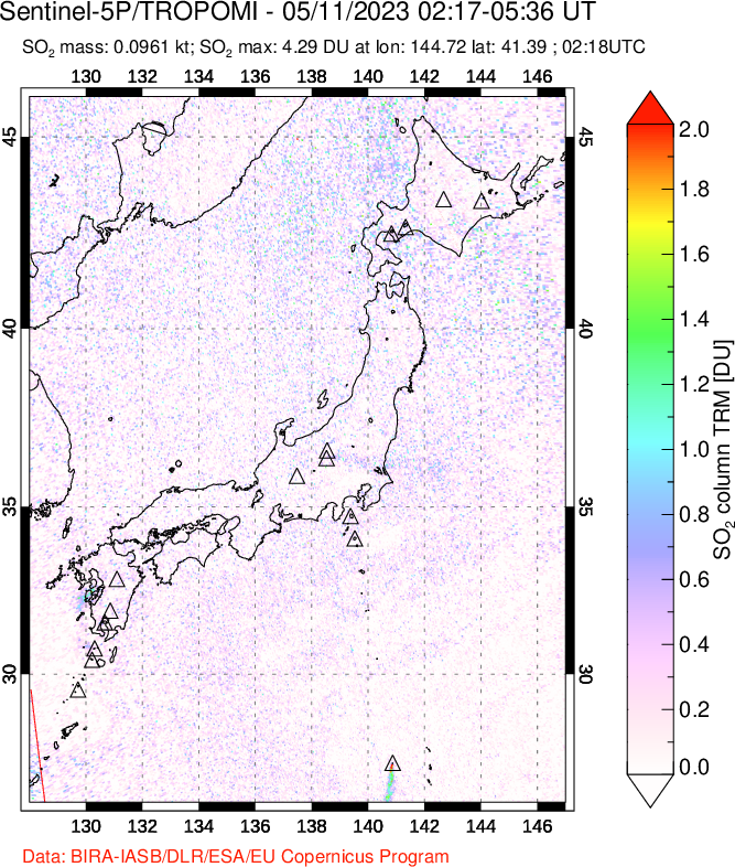 A sulfur dioxide image over Japan on May 11, 2023.