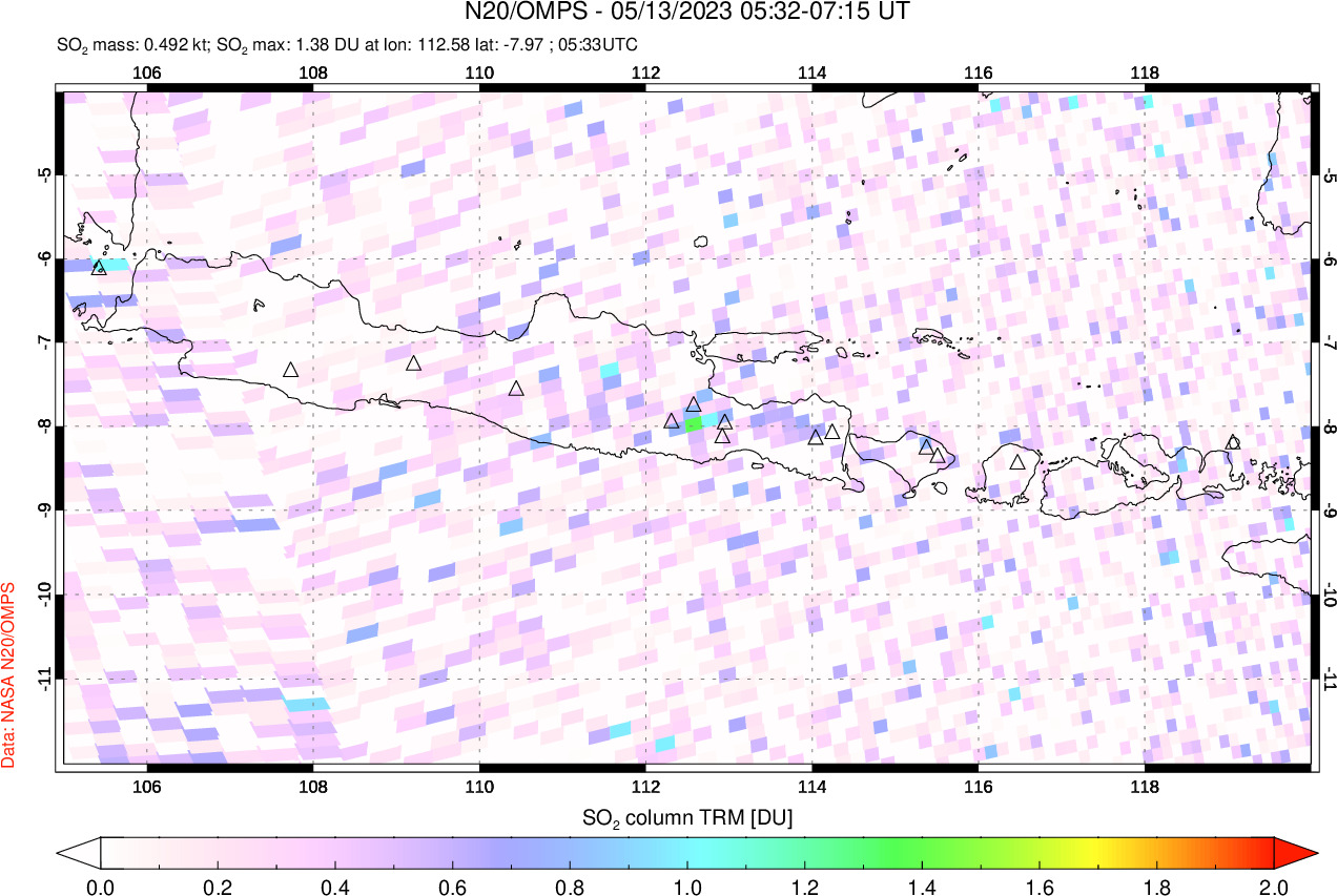 A sulfur dioxide image over Java, Indonesia on May 13, 2023.