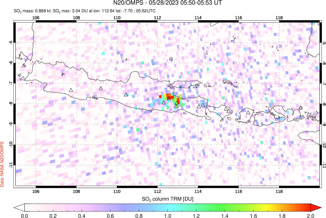 A sulfur dioxide image over Java, Indonesia on May 28, 2023.