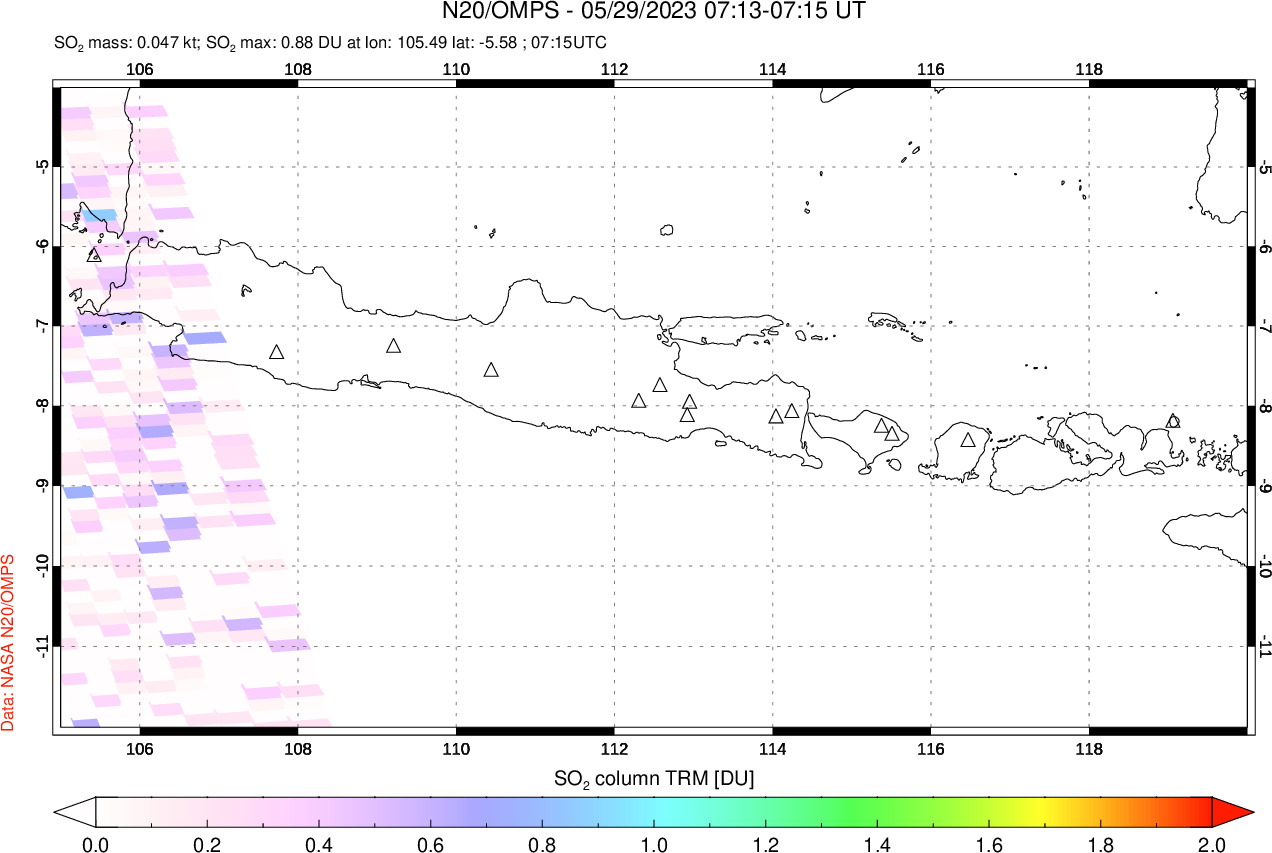 A sulfur dioxide image over Java, Indonesia on May 29, 2023.