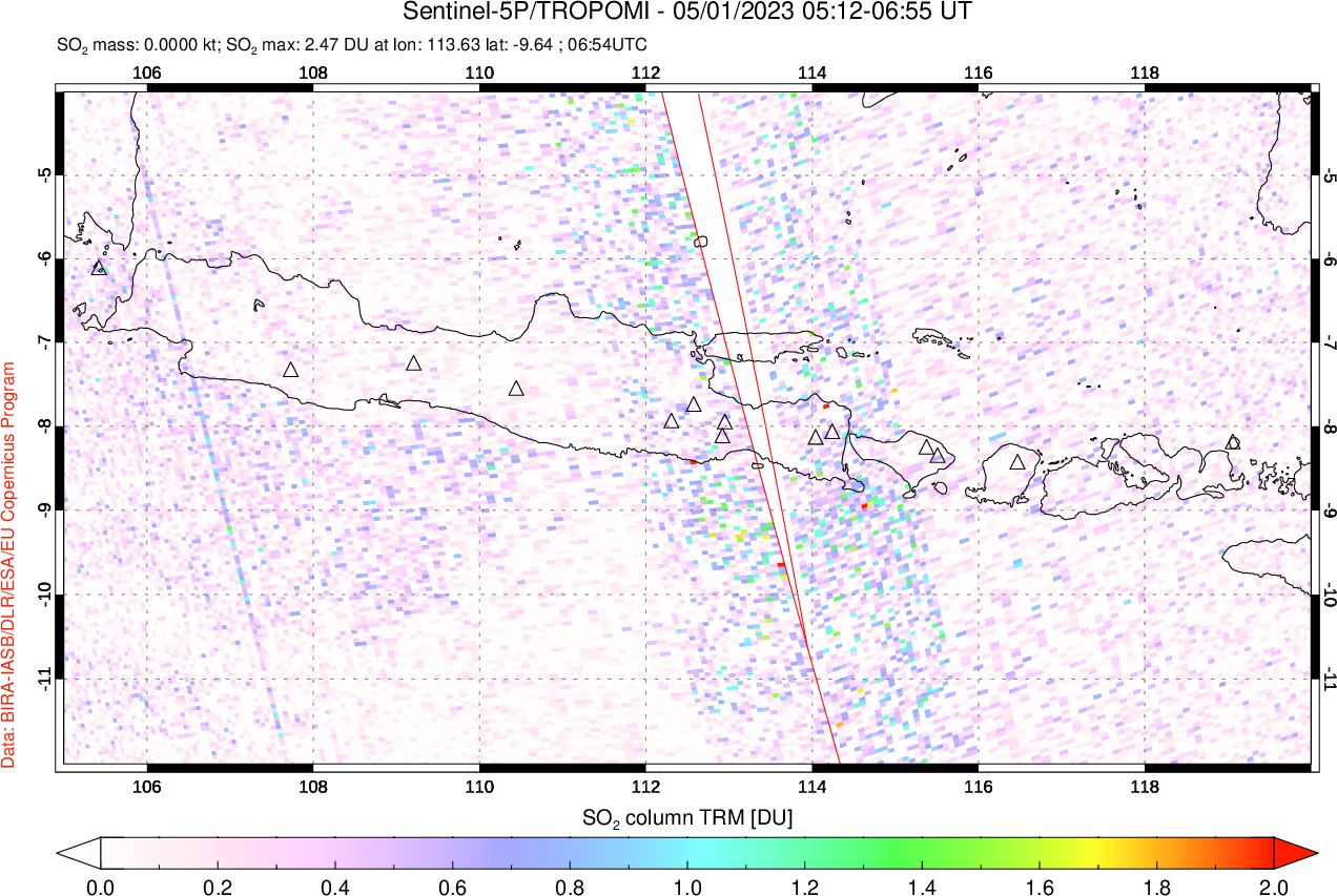 A sulfur dioxide image over Java, Indonesia on May 01, 2023.