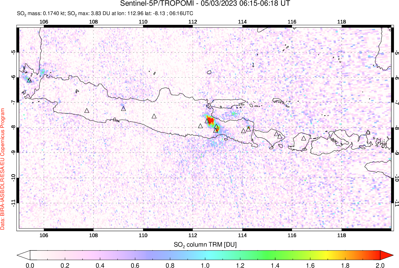 A sulfur dioxide image over Java, Indonesia on May 03, 2023.