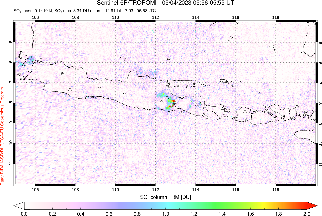 A sulfur dioxide image over Java, Indonesia on May 04, 2023.