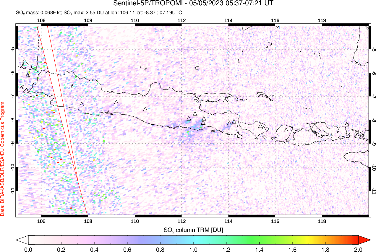 A sulfur dioxide image over Java, Indonesia on May 05, 2023.