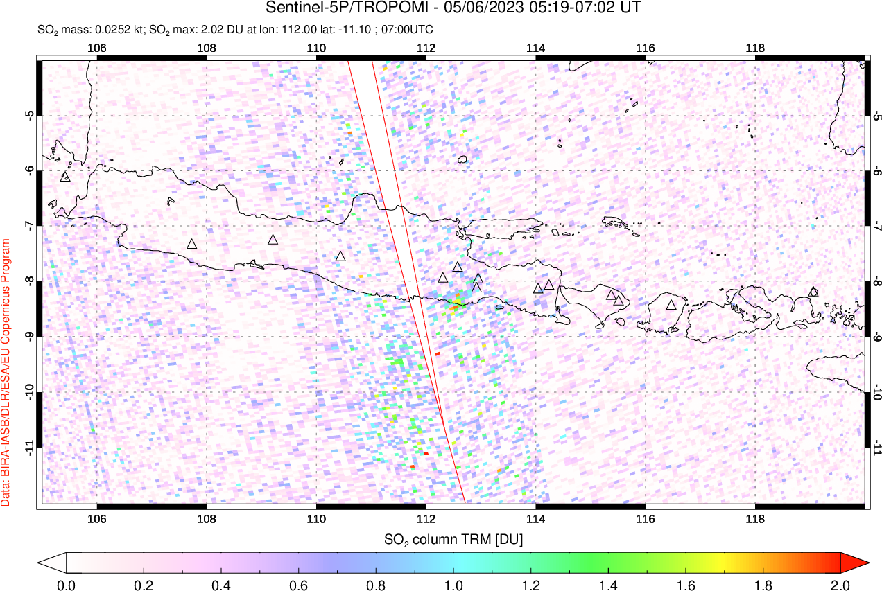 A sulfur dioxide image over Java, Indonesia on May 06, 2023.