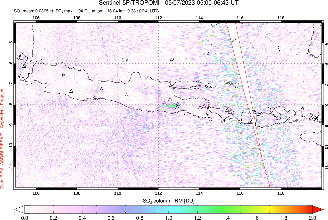 A sulfur dioxide image over Java, Indonesia on May 07, 2023.