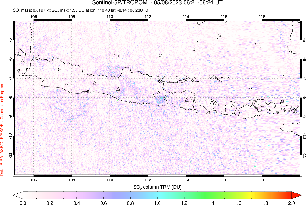 A sulfur dioxide image over Java, Indonesia on May 08, 2023.
